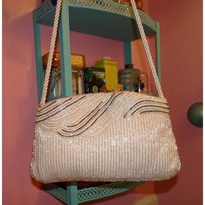 Vintage White & Silver Beaded Purse pinup retro art deco Evening Bag